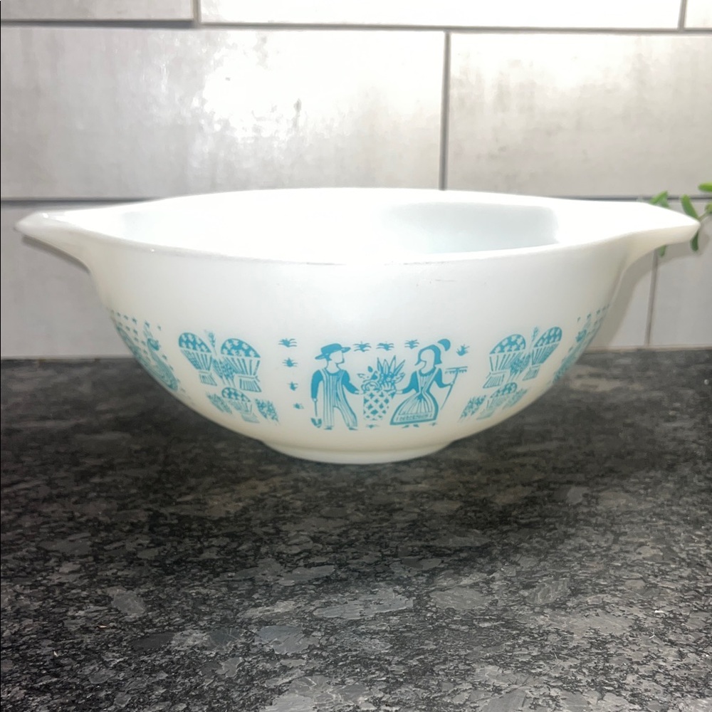 Vintage White Butterprint Pyrex Cinderella Mixing Bowl w/Blue Folk Art Design